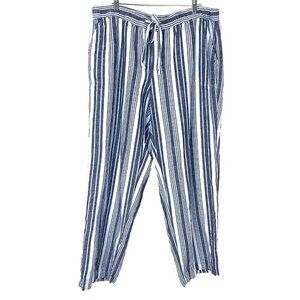 Liz Claiborne Womens XXL Tall Linen Blend Pants Blue White Stripe Wide Leg Beach